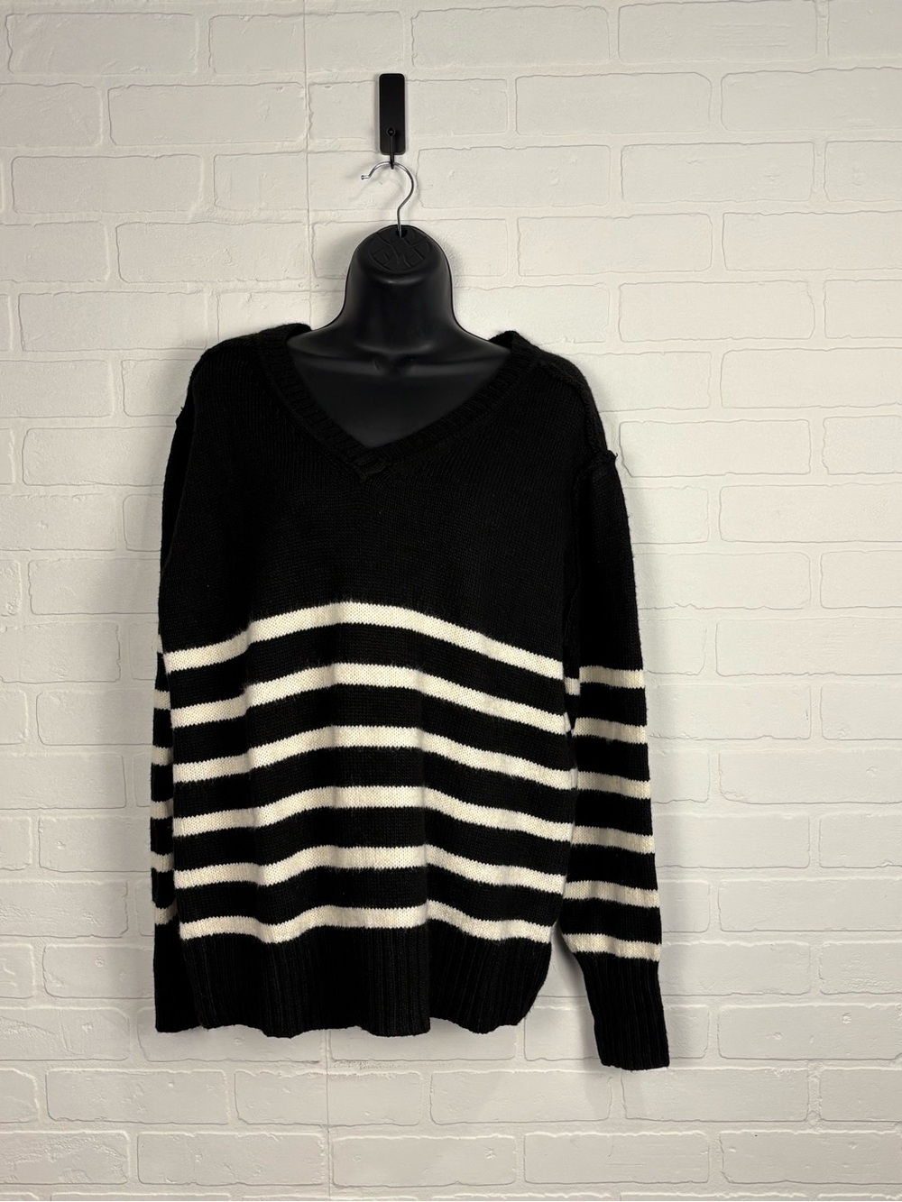 Maurices Women's Striped V-Neck Oversized Pullover Sweater Black White L